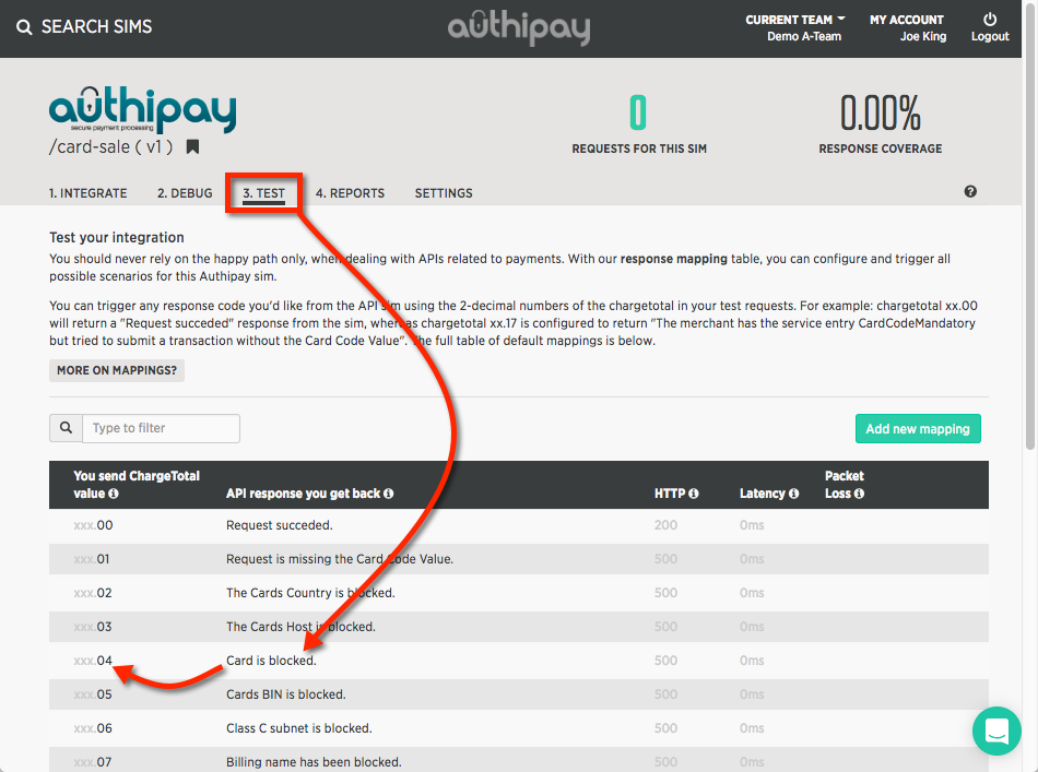 API Response Map Table